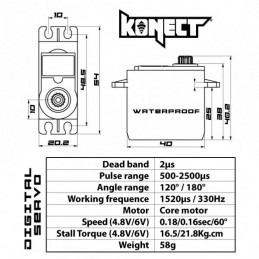 Servo 2113LVWP 21kg-0.16s Etanche pignons métal Konect Konect KN-2113LVWP - 2