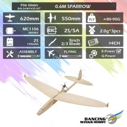 Sparrow Glider 620mm Balsa Kit DW Hobby DW Hobby - Dancing Wings Hobby F0604 - 13