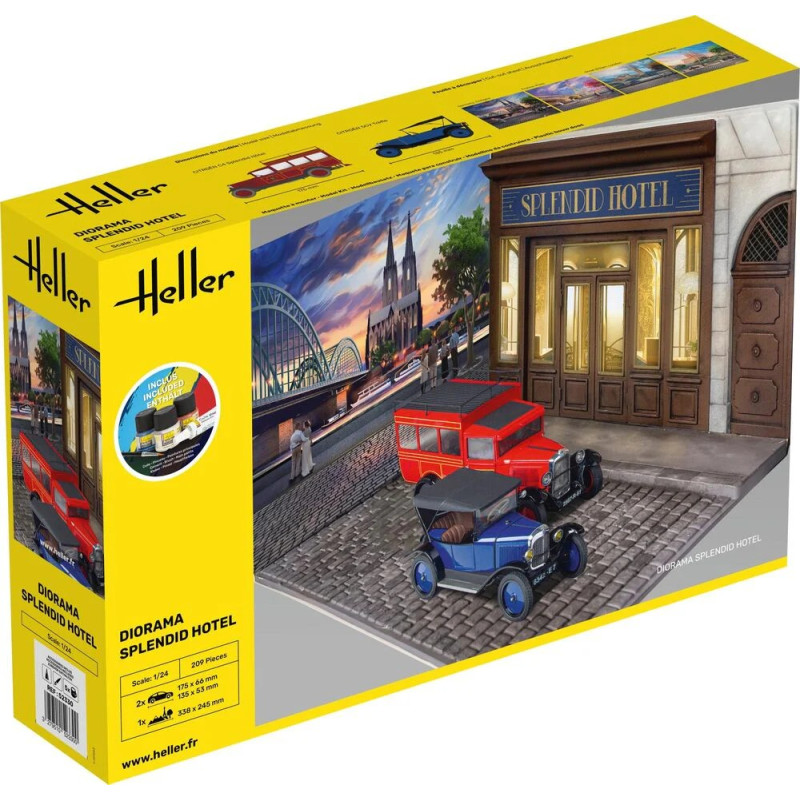 Kit diorama Splendid Hotel avec 2 voitures 1/24 Heller + colle et peintures Heller HEL-52330 - 1